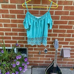 American Rag Blue Cold Shoulder Top w Lace bottom